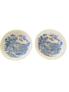 Enoch Wedgwood Countryside Cereal Bowls (2) 6.5 Inch Blue & White England  EUC